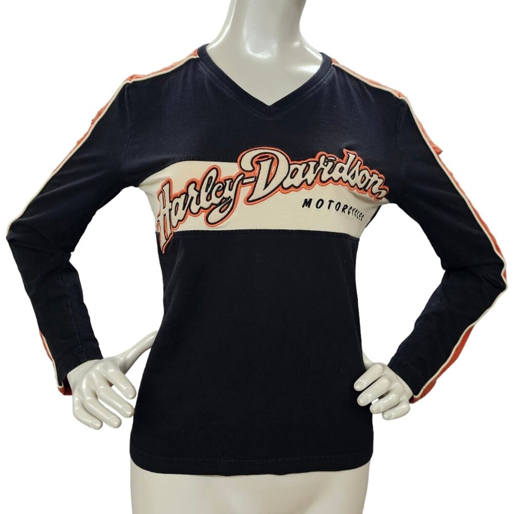 Harley Davidson Shirt Womens Size Small Black Orange Retro Y2K Bikercore Grunge